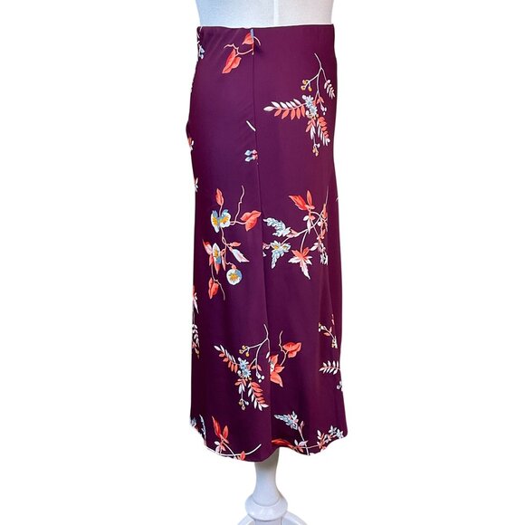 Ann Taylor Factory Burgundy Floral Flowing Elastic Waist Pull On Skirt M - Picture 2 of 6